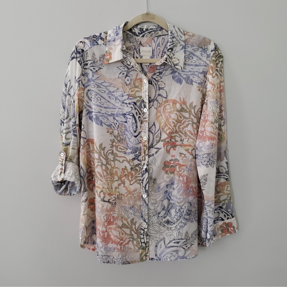 Chicos Women Floral Button Up Top SIZE 8 Boho Office Roll Tab Sleeve Lightweight